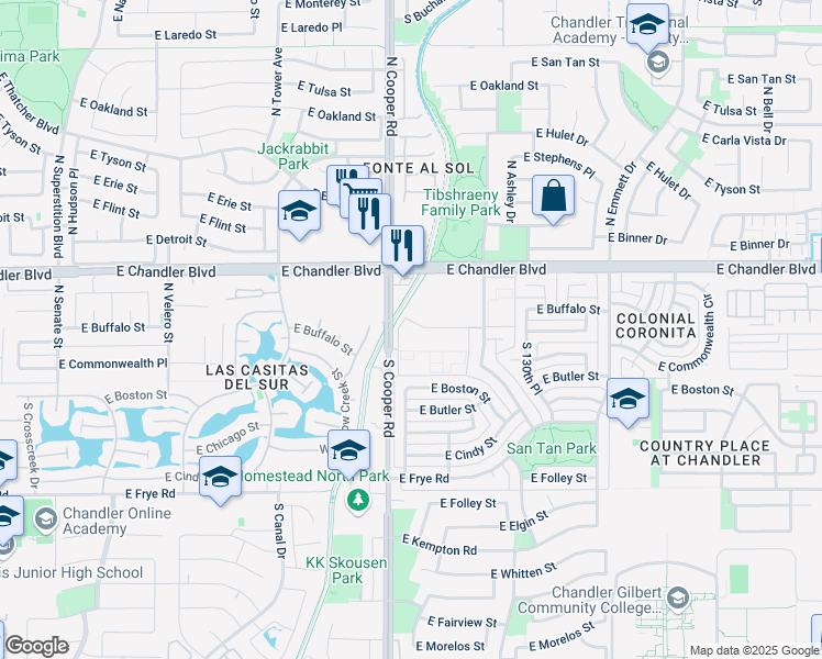 map of restaurants, bars, coffee shops, grocery stores, and more near 93 North Cooper Road in Chandler
