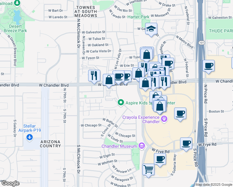 map of restaurants, bars, coffee shops, grocery stores, and more near 100 North Hearthstone Way in Chandler
