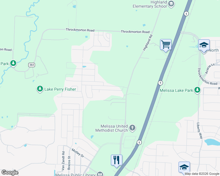 map of restaurants, bars, coffee shops, grocery stores, and more near 4033 Highland Road in Melissa