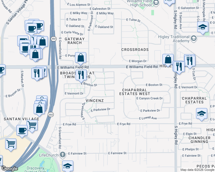 map of restaurants, bars, coffee shops, grocery stores, and more near 2727 East Boston Street in Gilbert