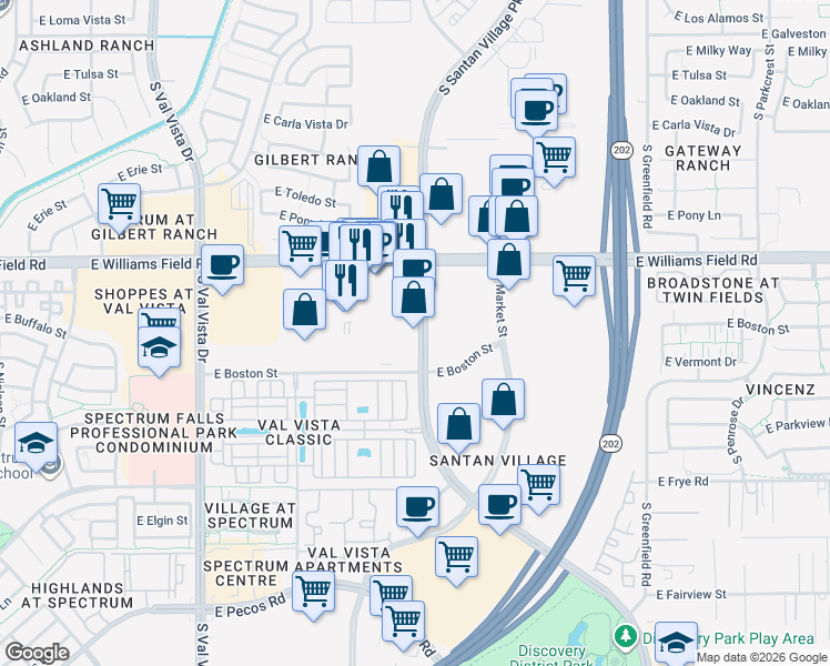 map of restaurants, bars, coffee shops, grocery stores, and more near 2540 South Santan Village Parkway in Gilbert
