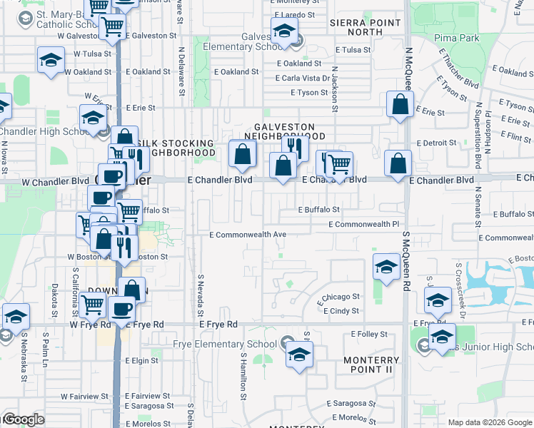map of restaurants, bars, coffee shops, grocery stores, and more near 75 North Hamilton Street in Chandler