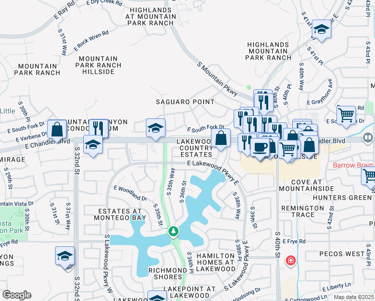map of restaurants, bars, coffee shops, grocery stores, and more near 3603 East Long Lake Road in Phoenix