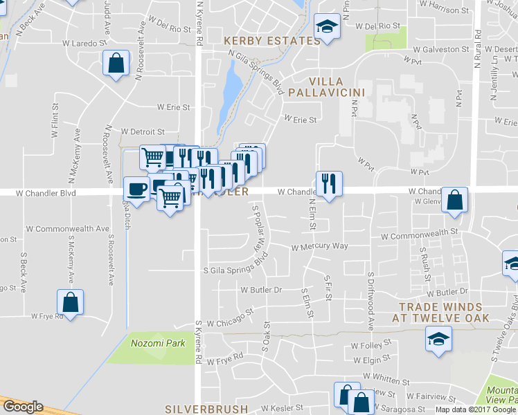 map of restaurants, bars, coffee shops, grocery stores, and more near 3 South Poplar Way in Chandler