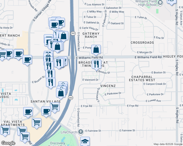 map of restaurants, bars, coffee shops, grocery stores, and more near 2509 East Boston Street in Gilbert