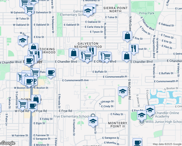 map of restaurants, bars, coffee shops, grocery stores, and more near 643 East Buffalo Street in Chandler