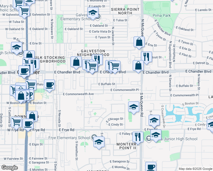 map of restaurants, bars, coffee shops, grocery stores, and more near 715 East Buffalo Street in Chandler
