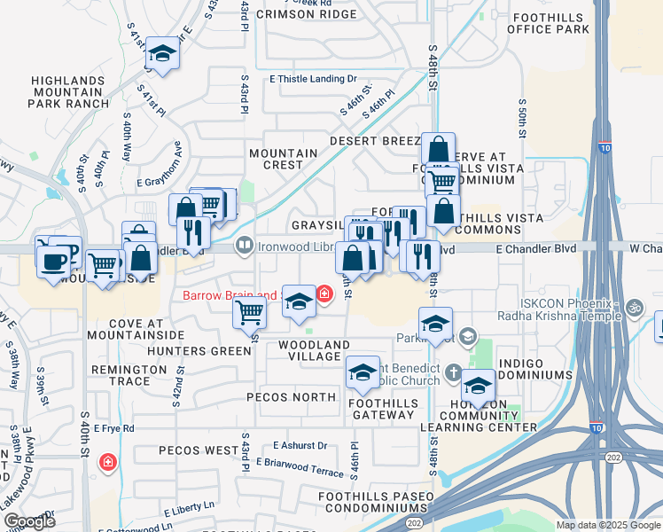 map of restaurants, bars, coffee shops, grocery stores, and more near 4545 East Chandler Boulevard in Phoenix