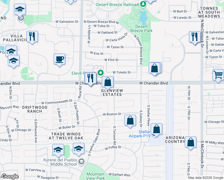 map of restaurants, bars, coffee shops, grocery stores, and more near 104 North Terrace Road in Chandler