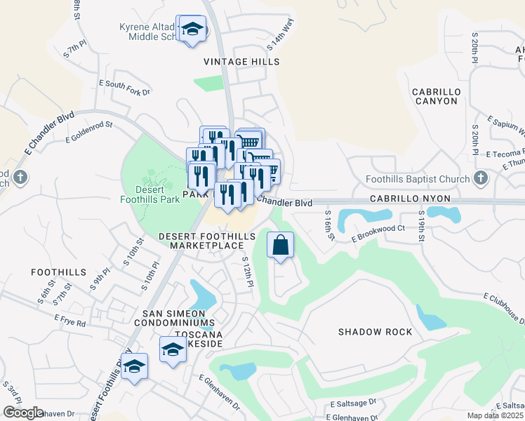 map of restaurants, bars, coffee shops, grocery stores, and more near 1345 East Chandler Boulevard in Phoenix