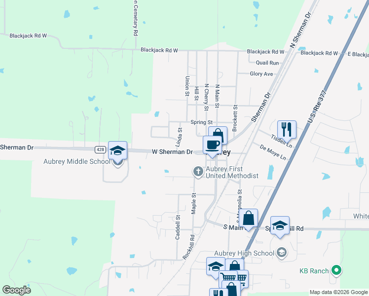 map of restaurants, bars, coffee shops, grocery stores, and more near 400 West Sherman Drive in Aubrey