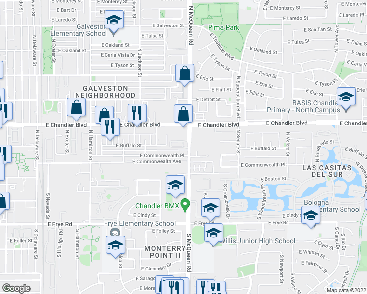 map of restaurants, bars, coffee shops, grocery stores, and more near 10 North McQueen Road in Chandler