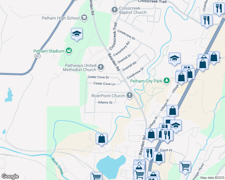 map of restaurants, bars, coffee shops, grocery stores, and more near 1218 David Drive in Pelham