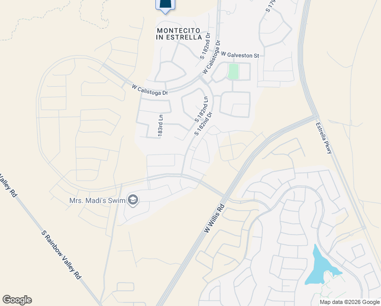 map of restaurants, bars, coffee shops, grocery stores, and more near 15636 South 182nd Avenue in Goodyear