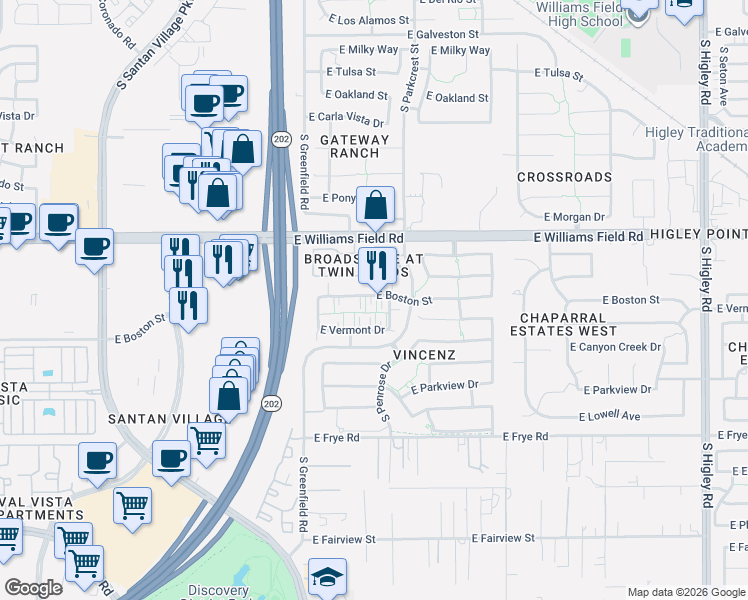 map of restaurants, bars, coffee shops, grocery stores, and more near 2543 East Boston Street in Gilbert