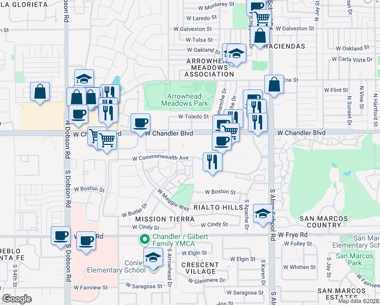 map of restaurants, bars, coffee shops, grocery stores, and more near 1455 West Chandler Boulevard in Chandler