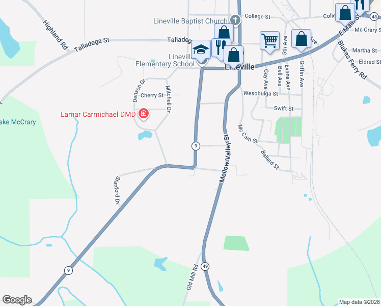 map of restaurants, bars, coffee shops, grocery stores, and more near 88217 Alabama 9 in Lineville