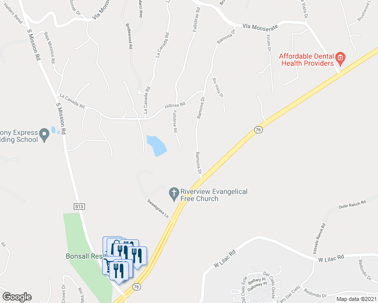 map of restaurants, bars, coffee shops, grocery stores, and more near 4484 Fallsbrae Road in Fallbrook