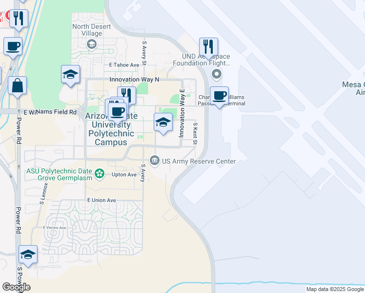 map of restaurants, bars, coffee shops, grocery stores, and more near 7414 Unity Avenue in Mesa