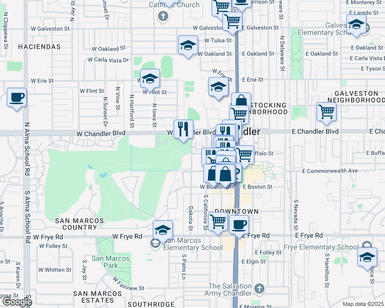 map of restaurants, bars, coffee shops, grocery stores, and more near 36 West Buffalo Street in Chandler