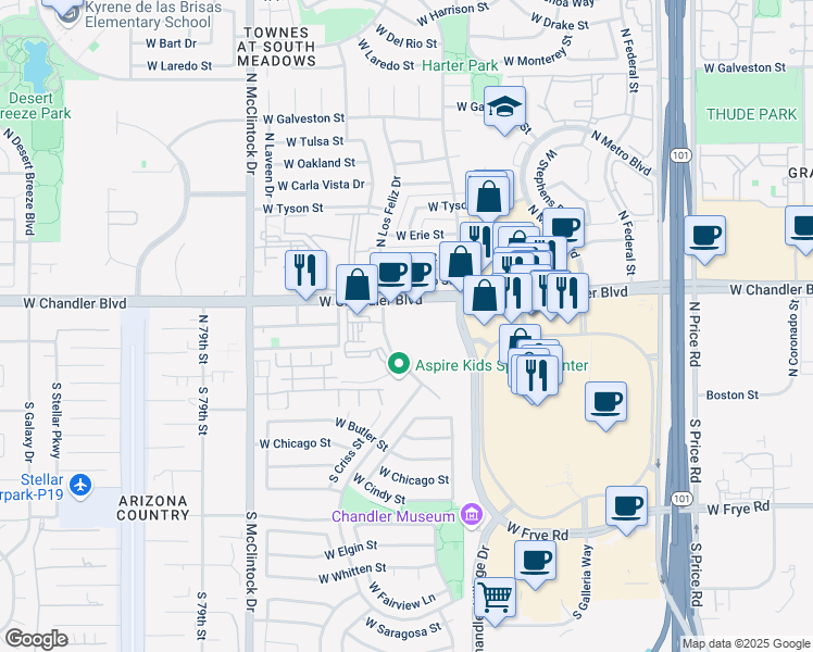 map of restaurants, bars, coffee shops, grocery stores, and more near 3657 West Chandler Boulevard in Chandler