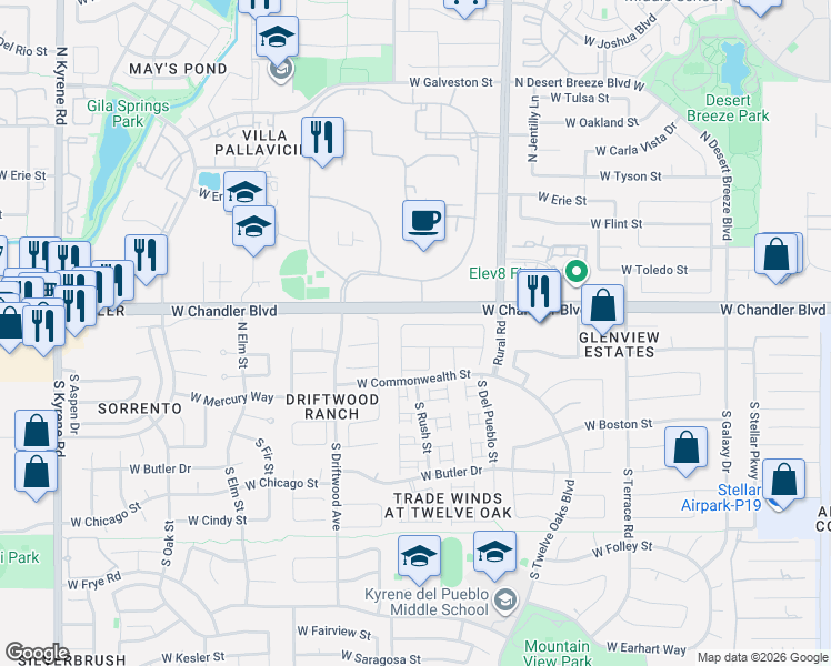 map of restaurants, bars, coffee shops, grocery stores, and more near 5181 West Glenview Place in Chandler