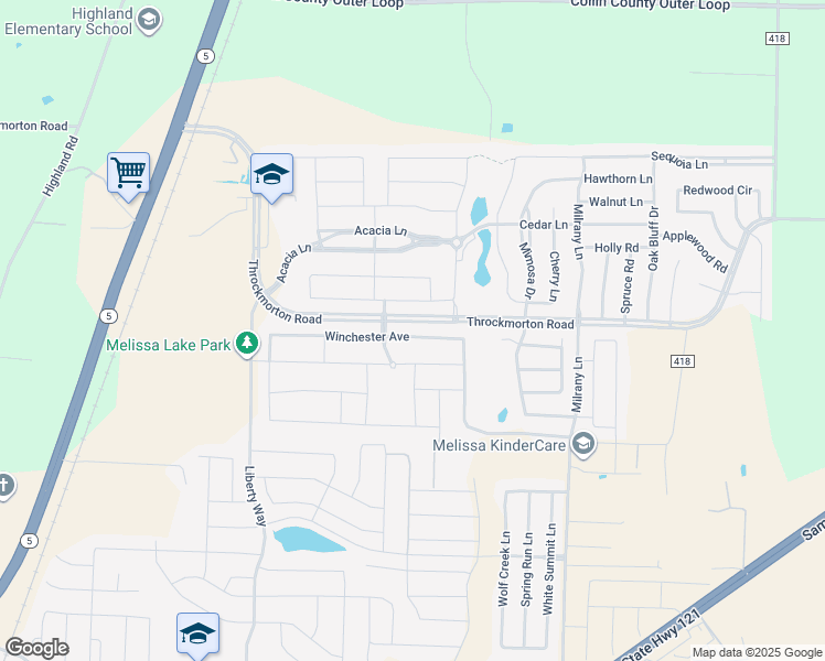 map of restaurants, bars, coffee shops, grocery stores, and more near 3009 Winchester Avenue in Melissa