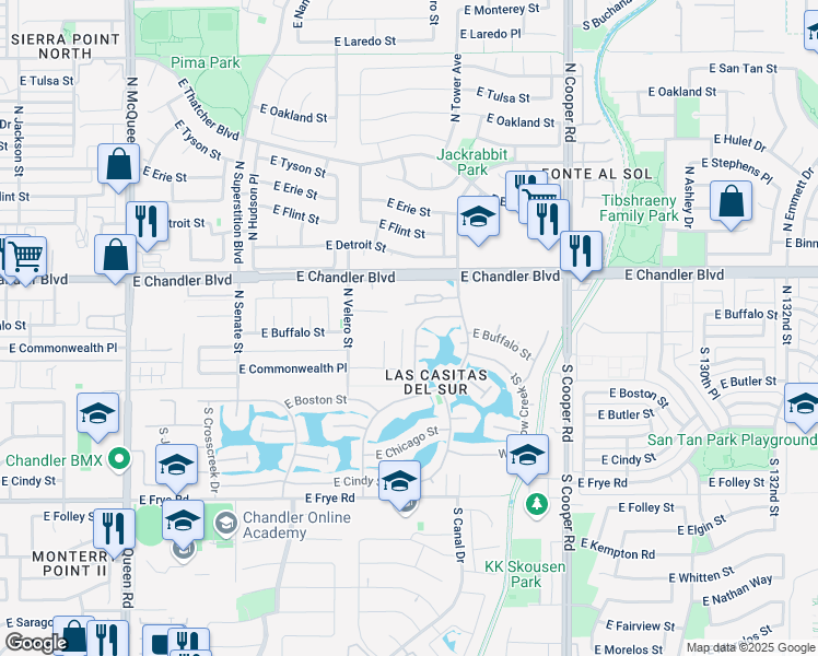 map of restaurants, bars, coffee shops, grocery stores, and more near 140 North Brookside Street in Chandler