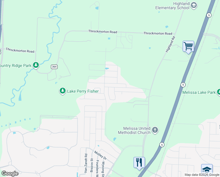 map of restaurants, bars, coffee shops, grocery stores, and more near 7359 County Road 365 in Melissa