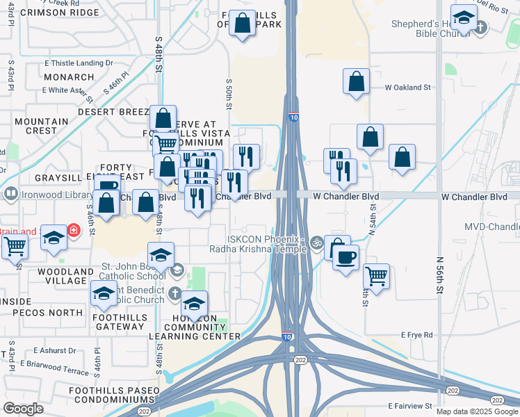 map of restaurants, bars, coffee shops, grocery stores, and more near 5045 East Chandler Boulevard in Phoenix