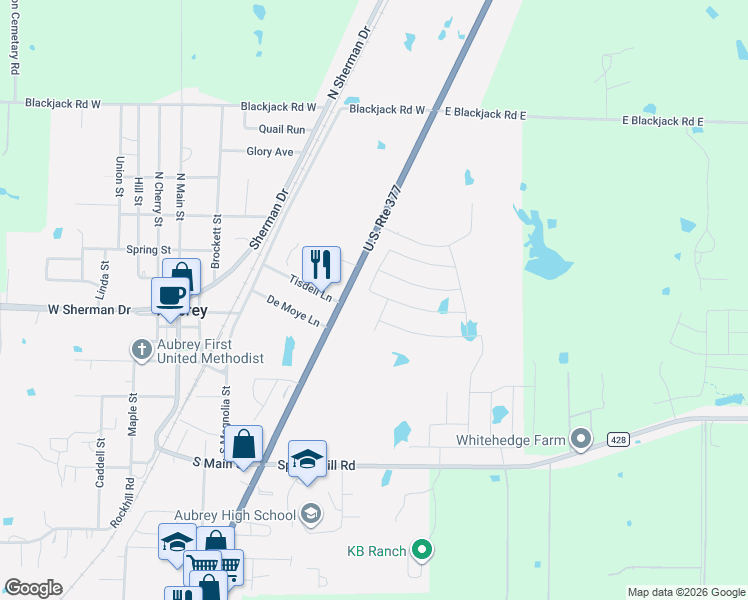 map of restaurants, bars, coffee shops, grocery stores, and more near 460 U.S. 377 in Aubrey