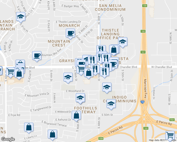 map of restaurants, bars, coffee shops, grocery stores, and more near 4645 East Chandler Boulevard in Phoenix