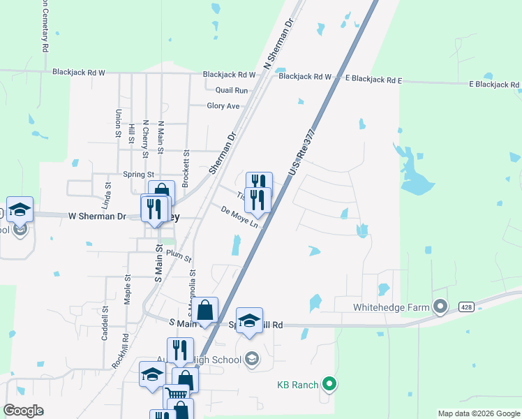 map of restaurants, bars, coffee shops, grocery stores, and more near 111 U.S. 377 in Aubrey