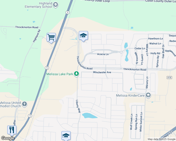map of restaurants, bars, coffee shops, grocery stores, and more near 2813 Winchester Avenue in Melissa