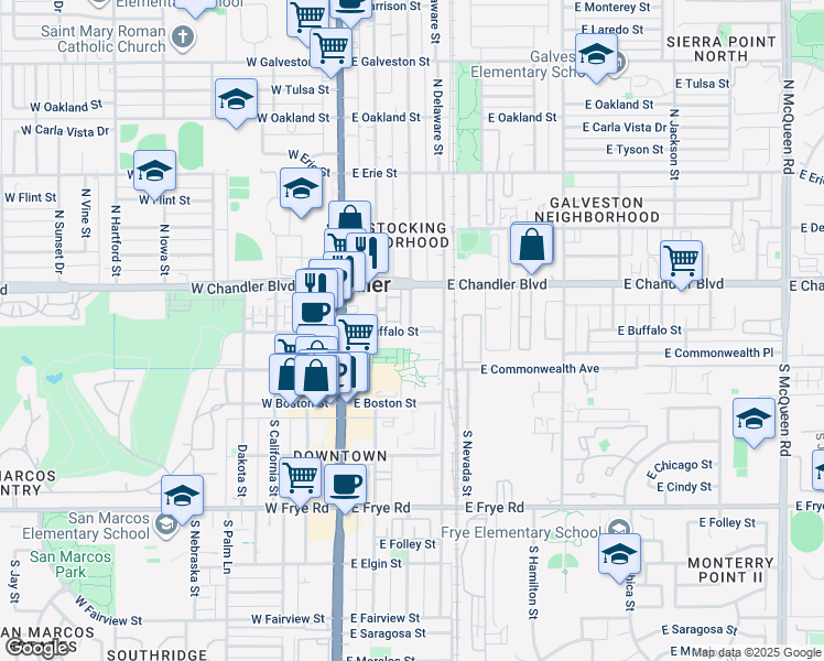 map of restaurants, bars, coffee shops, grocery stores, and more near in Chandler