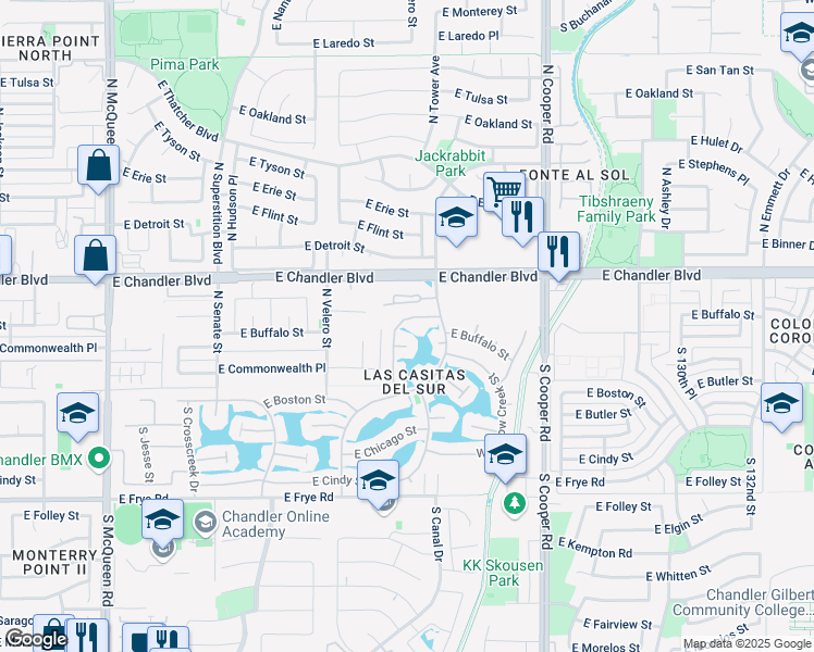 map of restaurants, bars, coffee shops, grocery stores, and more near 140 North Brookside Street in Chandler