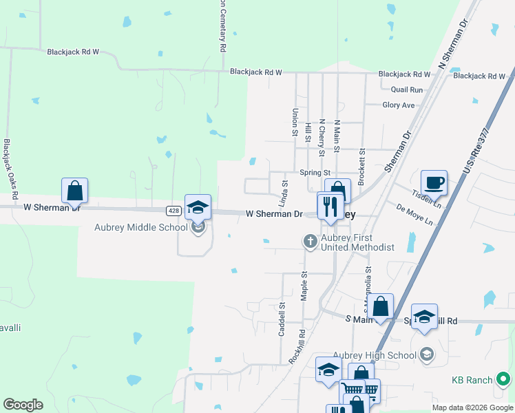 map of restaurants, bars, coffee shops, grocery stores, and more near 710 West Sherman Drive in Aubrey