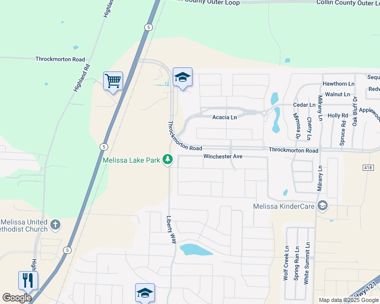 map of restaurants, bars, coffee shops, grocery stores, and more near 2813 Winchester Avenue in Melissa