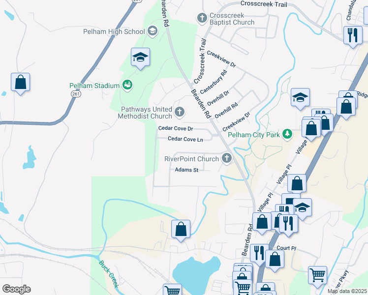 map of restaurants, bars, coffee shops, grocery stores, and more near 1228 David Dr in Pelham