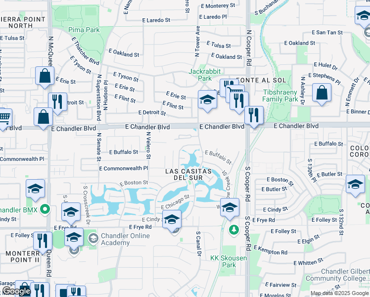 map of restaurants, bars, coffee shops, grocery stores, and more near 140 North Brookside Street in Chandler