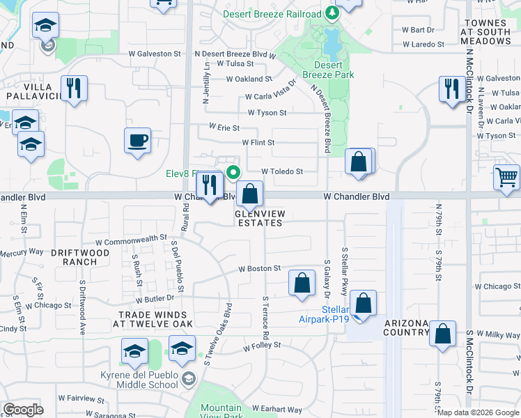 map of restaurants, bars, coffee shops, grocery stores, and more near 104 North Terrace Road in Chandler