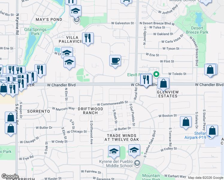 map of restaurants, bars, coffee shops, grocery stores, and more near 5181 West Glenview Place in Chandler
