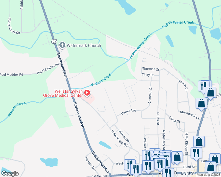 map of restaurants, bars, coffee shops, grocery stores, and more near 496 Oakland Circle in Jackson