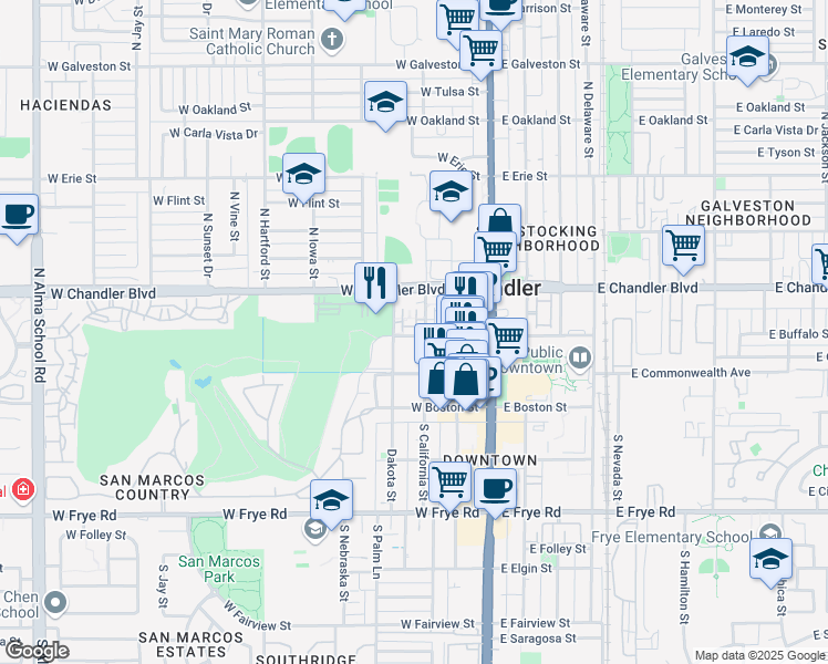 map of restaurants, bars, coffee shops, grocery stores, and more near 36 West Buffalo Street in Chandler