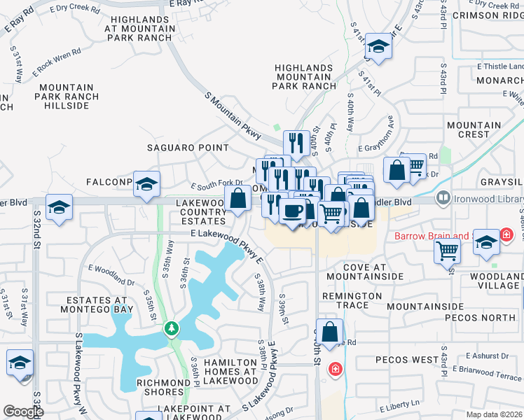 map of restaurants, bars, coffee shops, grocery stores, and more near 3820 East Lakewood Parkway East in Phoenix