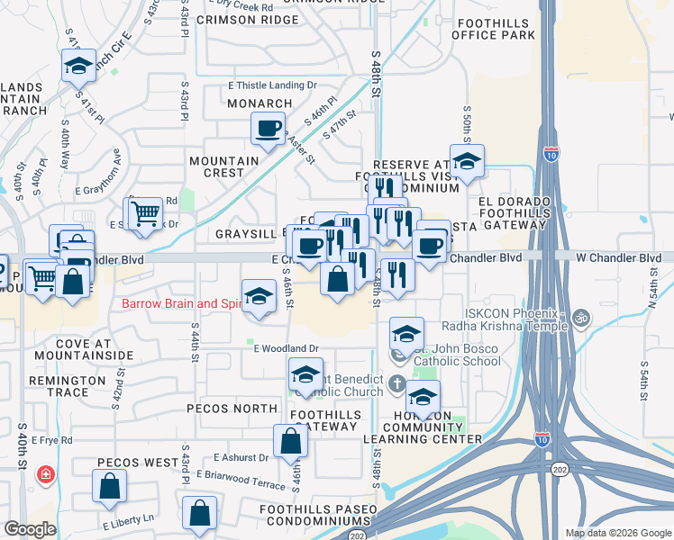 map of restaurants, bars, coffee shops, grocery stores, and more near 4645 East Chandler Boulevard in Phoenix