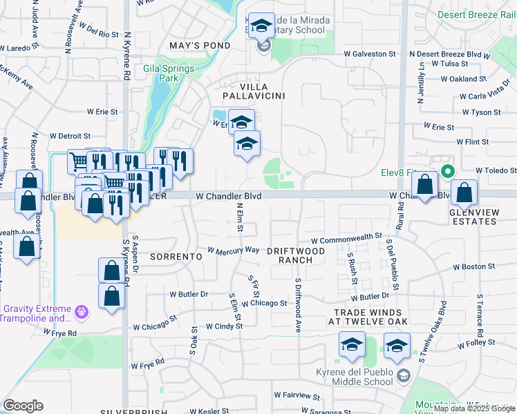 map of restaurants, bars, coffee shops, grocery stores, and more near 5505 West Chandler Boulevard in Chandler