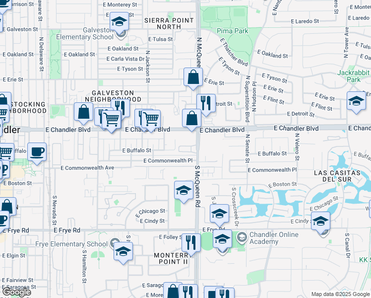 map of restaurants, bars, coffee shops, grocery stores, and more near 10 North McQueen Road in Chandler
