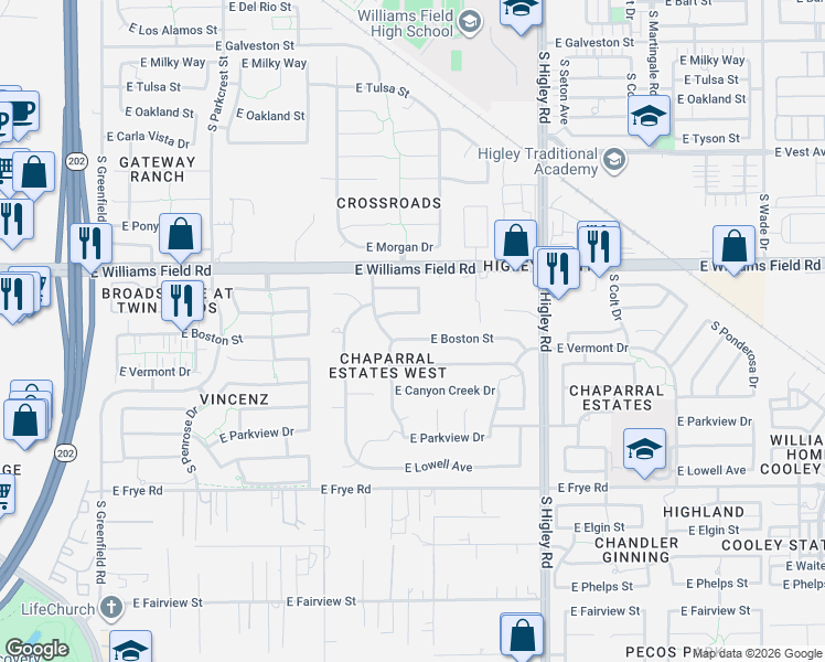 map of restaurants, bars, coffee shops, grocery stores, and more near 2991 East Boston Street in Gilbert