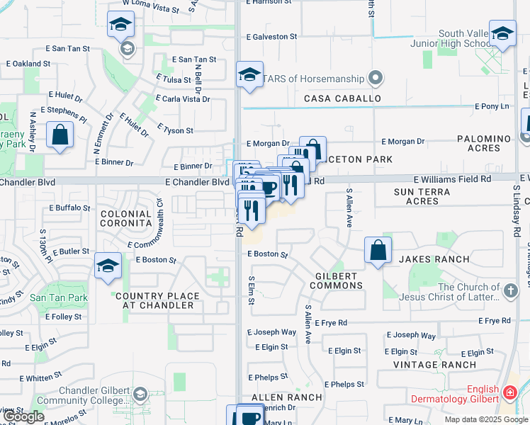 map of restaurants, bars, coffee shops, grocery stores, and more near 120 East Bernie Lane in Gilbert